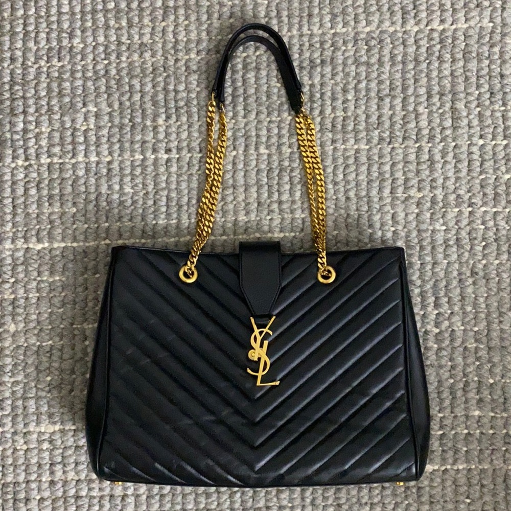 YSL black chevron quilted leather logo handbag